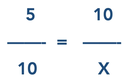 cinco dividido por 10 é igual a 10 dividido por x